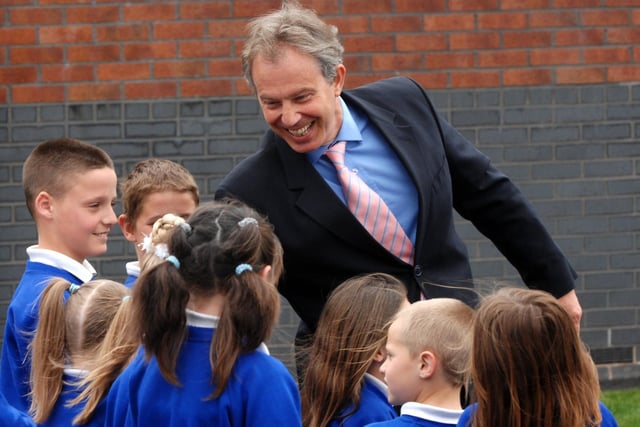 Tony Blair meets members of the school council during his visit to Platt Bridge Community School in 2007