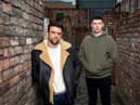 Ciaran Griffiths on the set of Coronation Street with Jack James Ryan, who plays his son Jacob