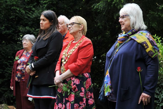 Lisa Nandy MP and Mayor of Wigan Coun Yvonne Klieve, with members of the community attend the 10th annual Workers' Memorial Day, with a ceremony around the memorial tree and plaque in Mesnes Park, Wigan.