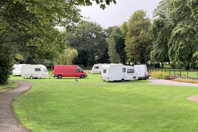 Caravans parked up on Pennington Hall Park in Leigh