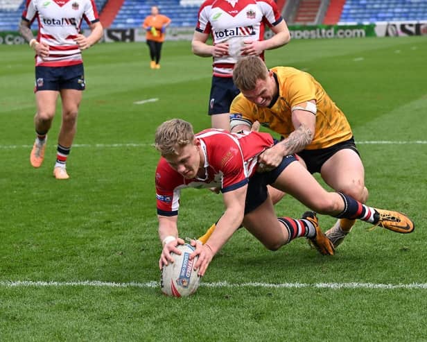 Former Wigan Warriors youngster Cian Tyrer in action for Oldham in 2024