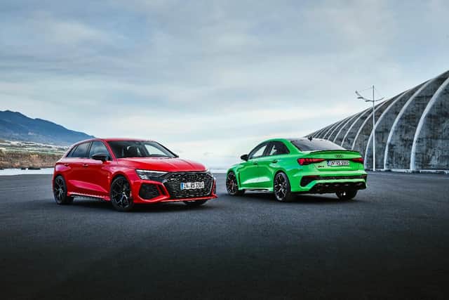 The AUdi RS3 comes in sportback and saloon body styles