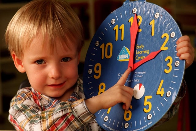 1997 - Little Sam Smyth, three, from Walkden Hall Private Day Nursery, Wigan,  reminds us that the clocks go forward by an hour on Saturday night for the start of British Summer Time.