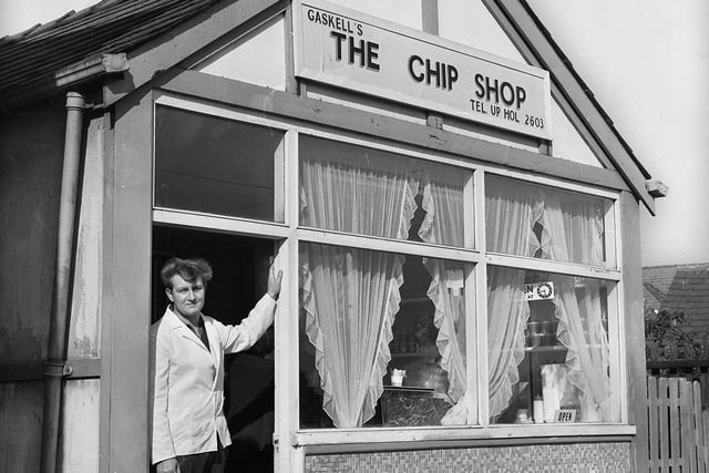 Kenneth Gaskell at the doorway of his chip shop on St. James Road, Orrell, in October 1971.