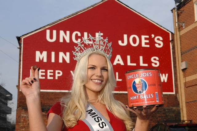 Miss England Jessica Linley at the William Santus & Co Uncle Joe's Mint Ball factory during her visit to Wigan to promote the new Miss Wigan contest