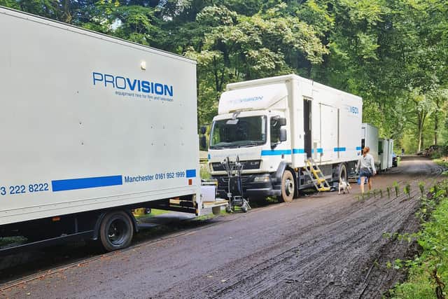Film crews, equipment and welfare tents around Haigh Woodland Park and the plantations as it's thought a Sky film 'Robin in the Hood' is being filmed in the woodlands