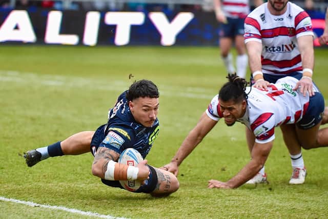 Tyler Dupree scores the opening try against Oldham, his former club
