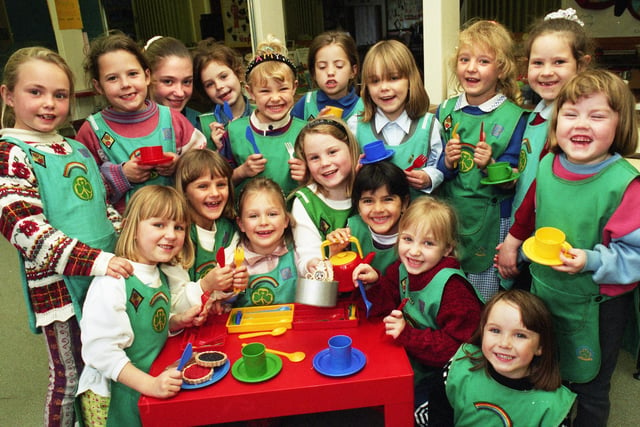 The Rainbow guides from St. John's Church, Abram, who came top in a campfire singing competition at Abram CE Primary School in April 1997.
The girls aged between 5 and 7 competed against three other groups of Rainbows.