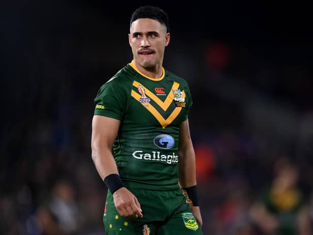 Valentine Holmes and Australia are in World Cup final action on Saturday (Photo by Gareth Copley/Getty Images)