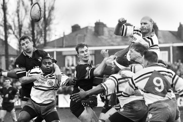 Orrell forwards Dave Cleary, Steve Bibby and Charles Cusani battle in the line-out against Bath in the Pilkington Cup round 5 match at Edge Hall Road on 28th of January 1995. 
Orrell lost 19-25.