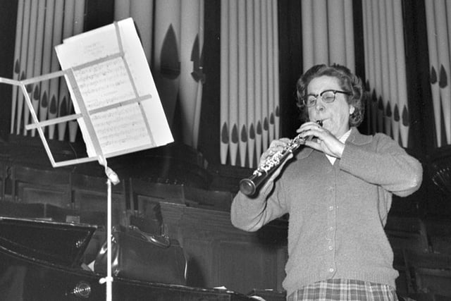 Celebrated oboist, Lady Barbirolli, practising at the Queen's Hall, Wigan, in 1963. She was the wife of Sir John Barbirolli who revived the Halle Orchestra. She died on January 25th, 2008, aged 97.  