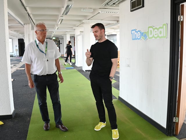 From left, Coun David Molyneux leader of Wigan Council chats with Tim Heatley founder of Capital&Centric, about ideas for the building transformation.