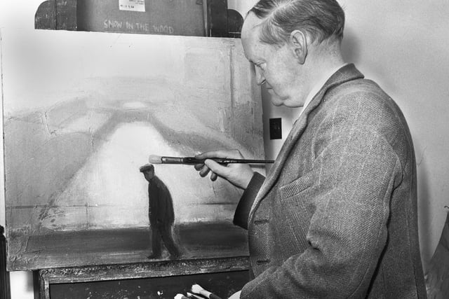 Artist Theodore Major at work in his Appley Bridge studio in 1959.