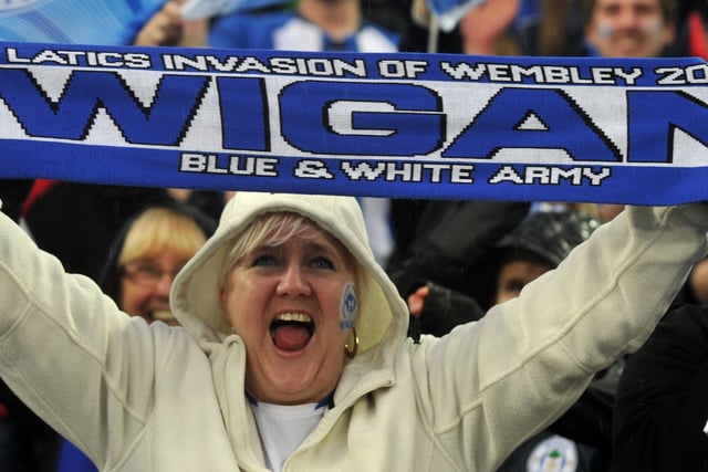 FA Cup final 2013 at Wembley  - Wigan Athletic v Manchester City
Wigan Athletic fans show their support for the winners of the FA Cup Trophy 2013.