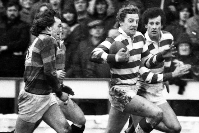 Wigan centre Trevor Stockley races in for a try with Barry Williams alongside in the 2nd Division match against Dewsbury at Central Park on Sunday 22nd of February 1981.
Wigan won 35-11 in their one and only season in Division 2.