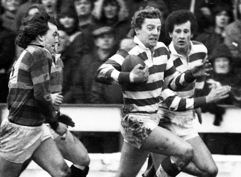 Wigan centre Trevor Stockley races in for a try with Barry Williams alongside in the 2nd Division match against Dewsbury at Central Park on Sunday 22nd of February 1981.
Wigan won 35-11 in their one and only season in Division 2.