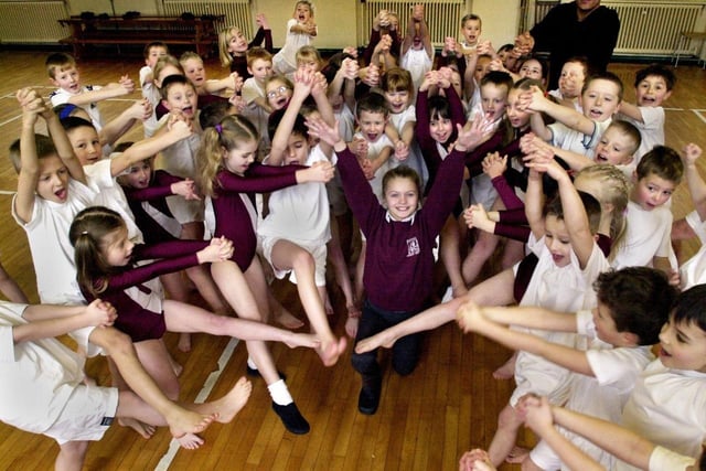 Pupils at Blackrod Primary School who danced the day away on Monday 9th of February 2004 in aid of the Bertie charity appeal.
The school took part in the 'Dancethon' fund raiser to support fellow pupil Elize du Toit, centre, who has cystic fibrosis.