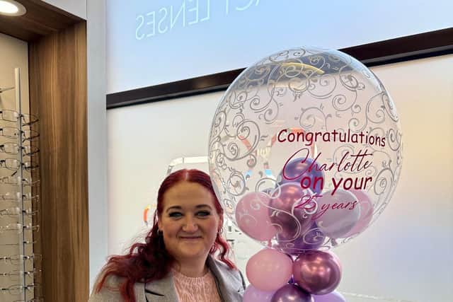 Charlotte Tomlinson, practice manager at Makerfield Eye Centre, celebrates her 25th anniversary