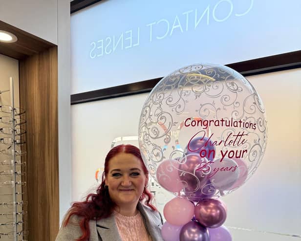 Charlotte Tomlinson, practice manager at Makerfield Eye Centre, celebrates her 25th anniversary