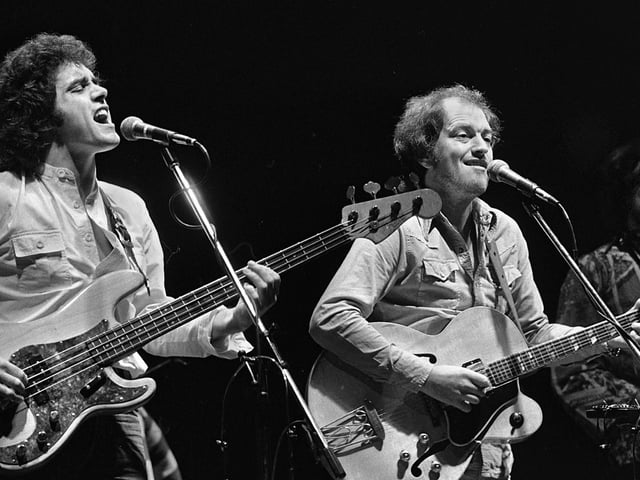 Gallagher and Lyle performing on Saturday July 16th at the 1977 July Wakes Folk Festival at Park Hall, Charnock Richard.