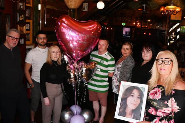 Remembering Laura Hazeldine at Fifteens are Alyn Parr, Ant Emery, Abbi Meadows (Laura's niece), David Grundy and Vicky Coleman, who were both at the bar on the night, bar manager Racheal Hodkinson and Laura's mum Gill Webster