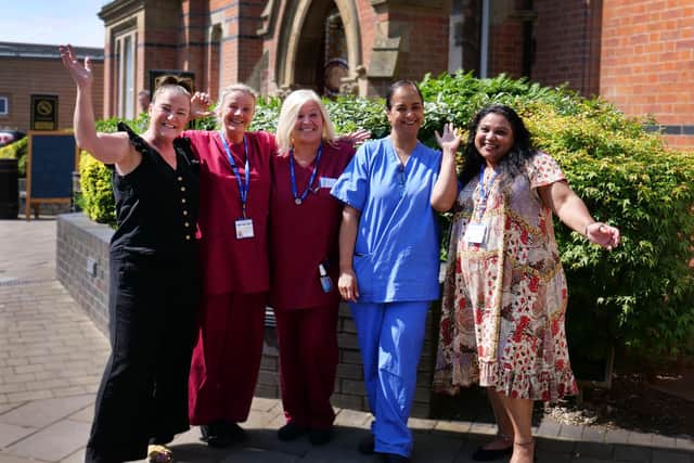 From left to right: Julie Wilson, Sherelee Farrar, Jane Fitzmartin, Dr Neelam Patel and Tulika Sugandha outside Wigan Infirmary