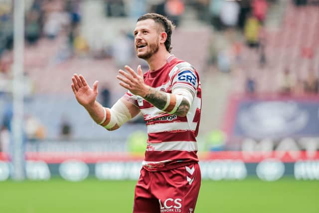 Wigan’s Cade Cust celebrates the quarter-final Challenge Cup win over Warrington Wolves at home