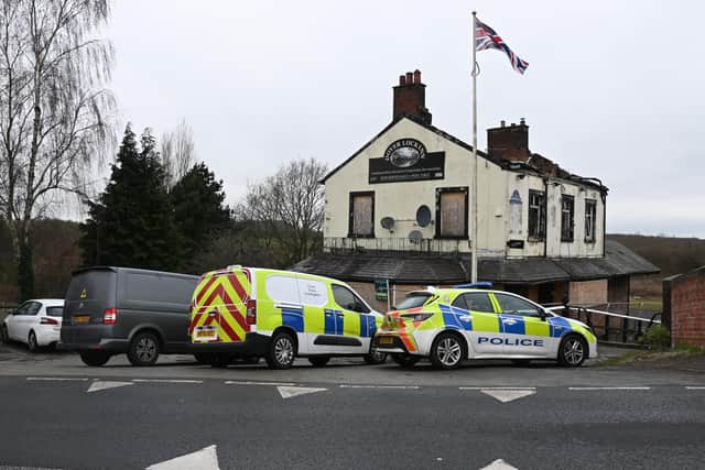 Emergency service vehicles parked at Dover Lock to attend to an arson-hit barge. The abandoned pub there has itself fallen victim to fire-raisers