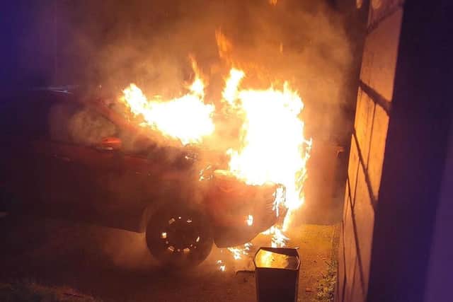 A victim's pride and joy car goes up in flames in Beech Hill