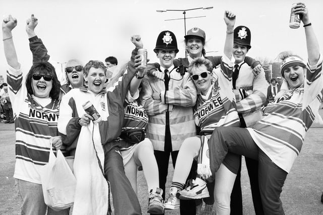London police join Wigan fans on Wembley Way.
