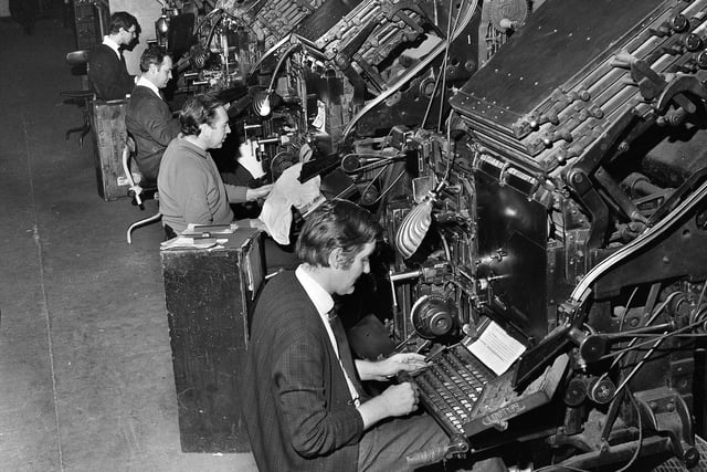 Linotype operators producing lines of metal type for the Post and Chronicle newspaper at Brock Mill in Leyland Mill Lane in 1971.