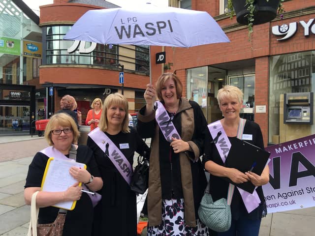 MP Yvonne Fovargue with Waspi campaigners in Wigan town centre in 2016