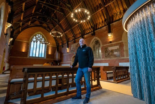 Shown is Antony Grace, director of Ash Integrated Services. He is highlighting the great electrical works completed by Ash Integrated Services at Haltemprice Crematorium which is a Grade-1 listed building that suffered major damage in a fire.  Images Copyright ©Darren Casey DCimaging