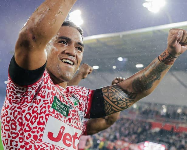 Joe Ofahengaue celebrates Leigh Leopards' win over Wigan Warriors