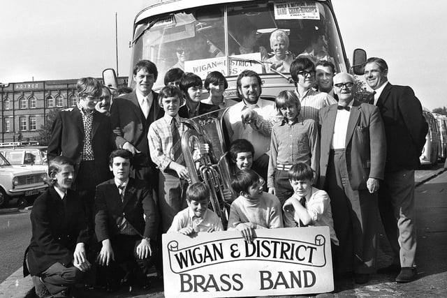 Wigan and District Brass Band ready to leave the market square for the World and National Brass Band Championships in London in October 1971.
They were the only English prize winners in their section coming fourth.