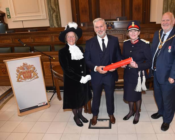 Left to right: the High Sheriff of Lancashire Helen Bingley OBE DL JP; Paul Jones of Chemical Processing Services Limited of Wrightington; the Lord-Lieutenant of Lancashire Amanda Parker and CC Alan Cullens, Chairman of Lancashire County Council