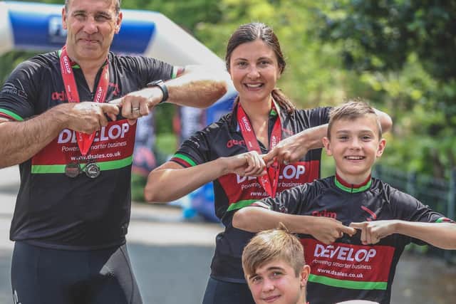 Alex Johnson with husband Andy and their sons Jack and James at Sunday's Wigan Bike Ride. Pic: Michelle Charnock Photographer