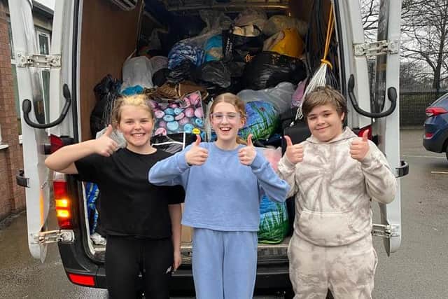 Pupils with the van filled with donations for Ukraine