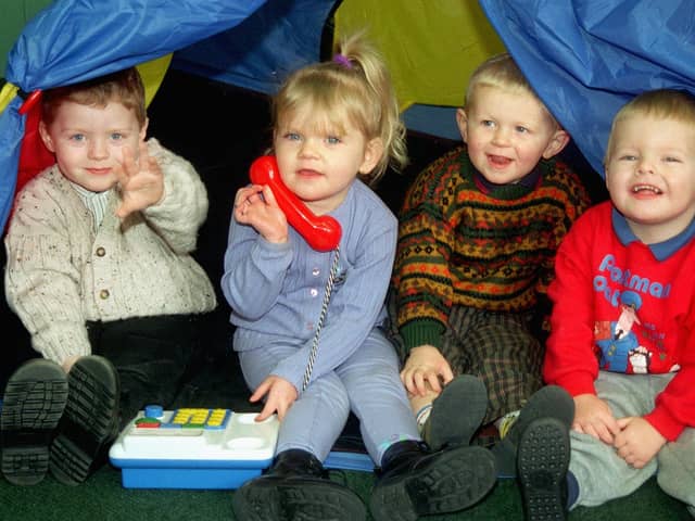 Here's a picture of the then newly launched Little Gems nursery in Springfield which was offering two new slots for children.  Pictured, left to right: Declan Potter,  Lucy Wilton, Mark Powerll and Daniel Gilmore in a play tent