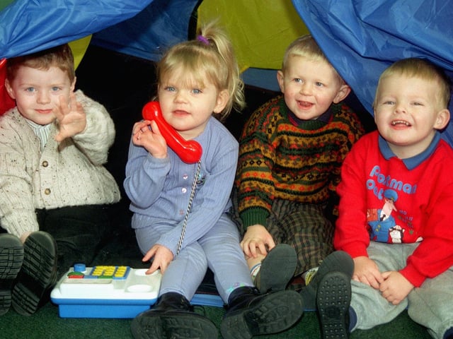 Here's a picture of the then newly launched Little Gems nursery in Springfield which was offering two new slots for children.  Pictured, left to right: Declan Potter,  Lucy Wilton, Mark Powerll and Daniel Gilmore in a play tent