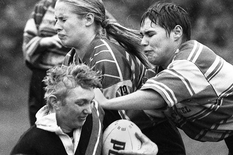 The tough tackling Wigan Roses ladies rugby league team playing against York Ladies at New Springs on Sunday 2nd of October 1994.
