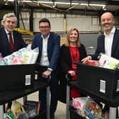 The launch of the Brick-by-Brick project, a new charity project based in Wigan. From left, Former Prime Minister Gordon Brown, Mayor of Greater Manchester Andy Burnham, CEO of The Brick Keely Dalfen and Amazon UK country manager John Boumphrey.