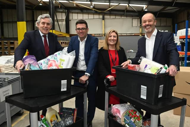 The launch of the Brick-by-Brick project, a new charity project based in Wigan. From left, Former Prime Minister Gordon Brown, Mayor of Greater Manchester Andy Burnham, CEO of The Brick Keely Dalfen and Amazon UK country manager John Boumphrey.