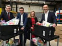 The launch of the Brick-by-Brick project, a new charity project based in Wigan. From left, Former Prime Minister Gordon Brown, Mayor of Greater Manchester Andy Burnham, CEO of The Brick Keely Dalfen and Amazon UK country manager John Boumphrey.