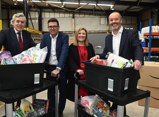 The launch of the Brick-by-Brick project, a new charity project based in Wigan. From left, Former Prime Minister Gordon Brown, Mayor of Greater Manchester Andy Burnham, CEO of The Brick Keely Dalfen and Amazon UK country manager John Boumphrey.