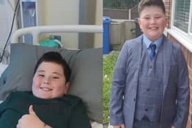 Left: Cooper Foster in hospital receiving treatment and, right, before his diagnosis