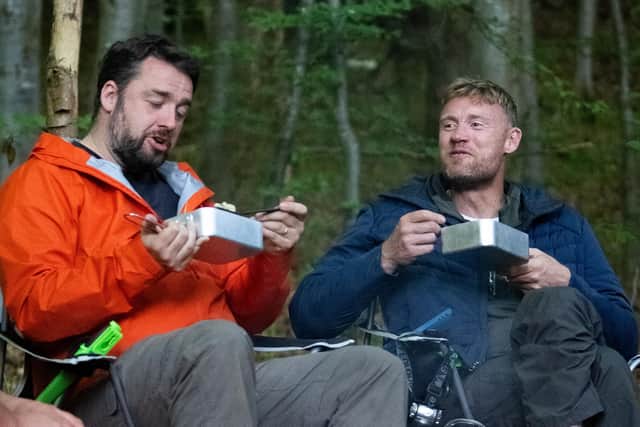 Jason Manford (left) and Andrew Flintoff go wild in the country in Freddie and Jason: Two Men in a Tent