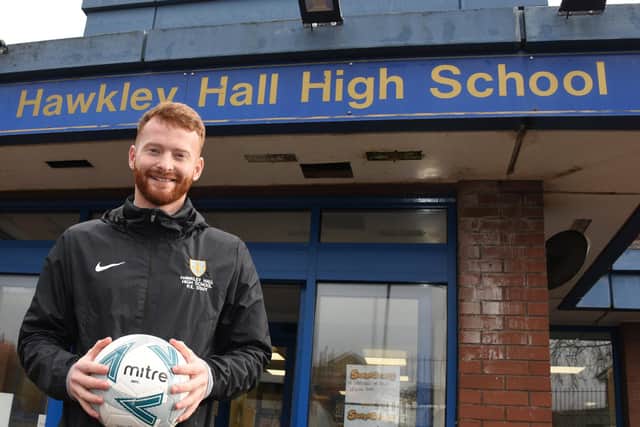 Former Wigan Athletic playerJosh Gregory, is now working at Hawkley Hall High School training to be a PE teacher to pass on his skills and knowledge to children.  This is the second high school he's worked at through his training with Learning Futures Partnership.  Pictured at Hawkley Hall High School, Wigan.