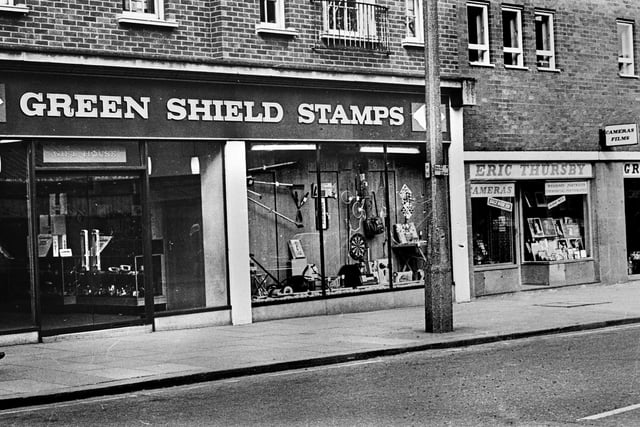The Green Shield Stamp shop and Eric Thursby's cameras on Crompton Street, Wigan, in 1970.