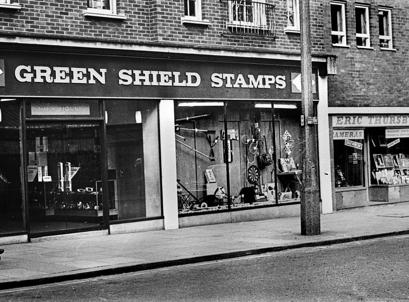 The Green Shield Stamp shop and Eric Thursby's cameras on Crompton Street, Wigan, in 1970.